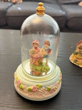 Glass Dome Cloche Couple Figurine Painted Floral Base Multicolor Romantic